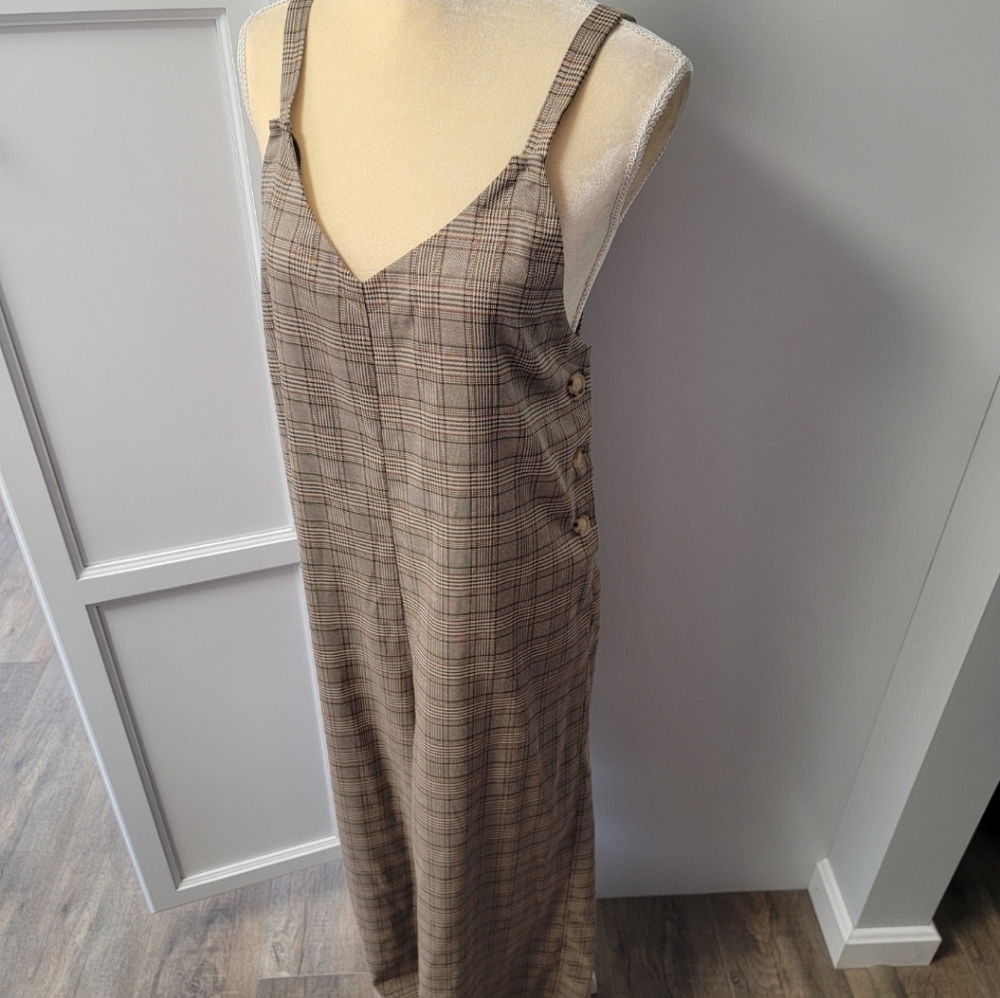 Hem & Thread Jumpsuit Romper Size Medium Brown Plaid Wide Leg Classic Trendy